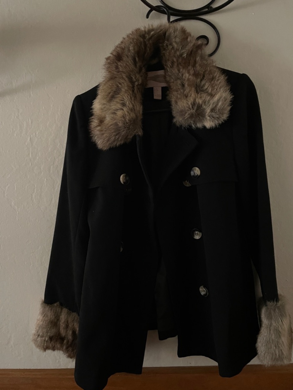 Forever 21 Black Pea Coat with Faux Fur Trim